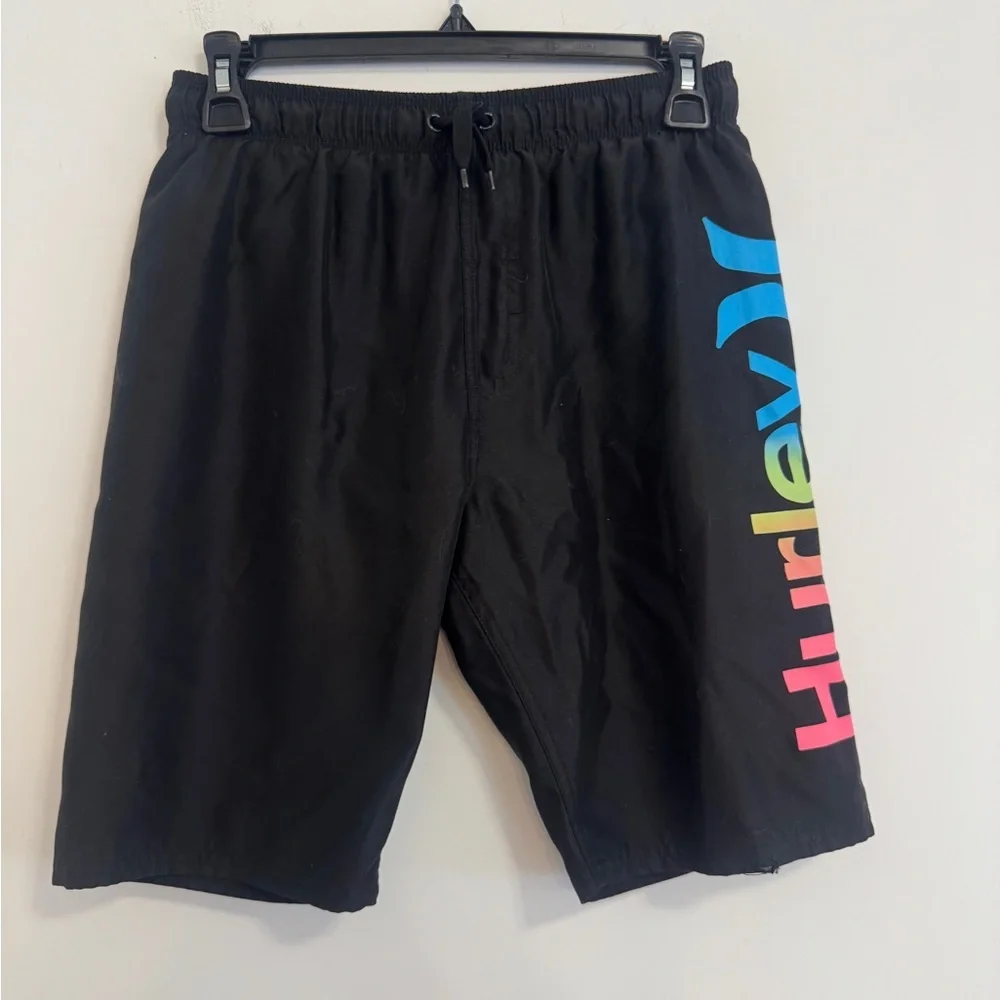 Hurley Black Swim Trunks with Blue, Green & Pink Logo